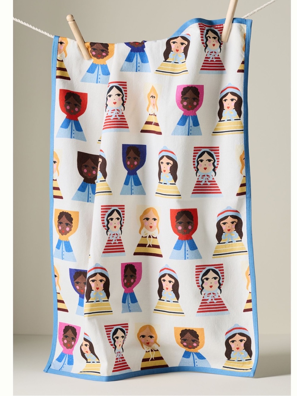 Anthropologie Damson Madder Dish Towel Cotton New White Blue Dolls